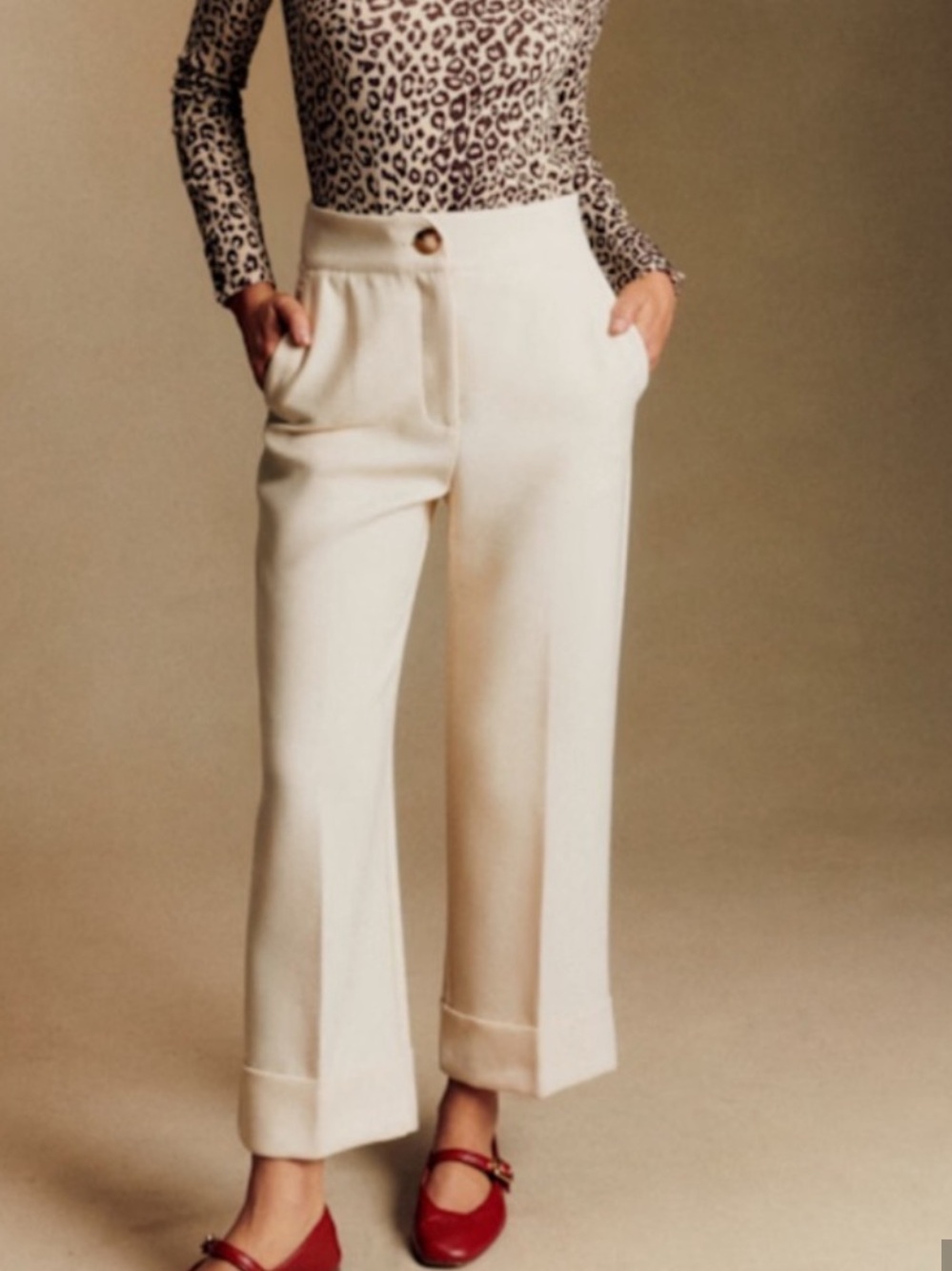 Sezane Cream Wide-Leg Cropped Trousers